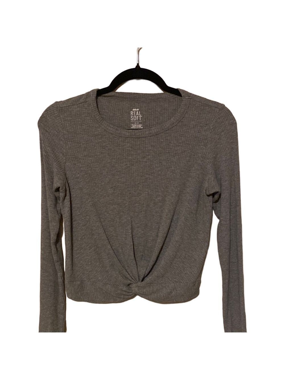 Aerie Gray Tie Front Cropped Long Sleeve Tee